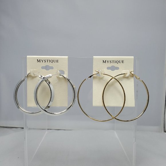 2 PAIRS OF MYSTIQUE GOLD SILVER HOOP EARRING - Picture 1 of 5
